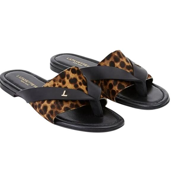 LAFAYETTE 148 NEW YORK Iris Thong Sandal Teak Multi Black Leather Leopard Sz 39 - Picture 1 of 10